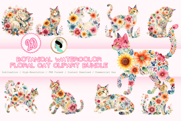 Botanical Floral Cat Clipart Bundle PNG