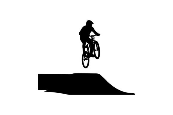 Cyclist Performing Mountain Bike Jump Over Rugged Terrain: Capturing Motion with Premium Vector Silhouettes