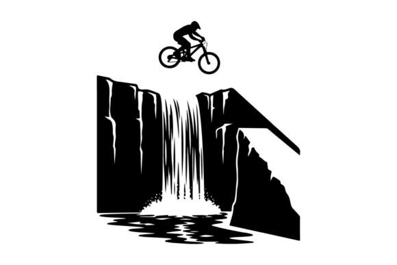 Cyclist Silhouette Overlooking Waterfall: A Versatile Vector Asset for Modern Design