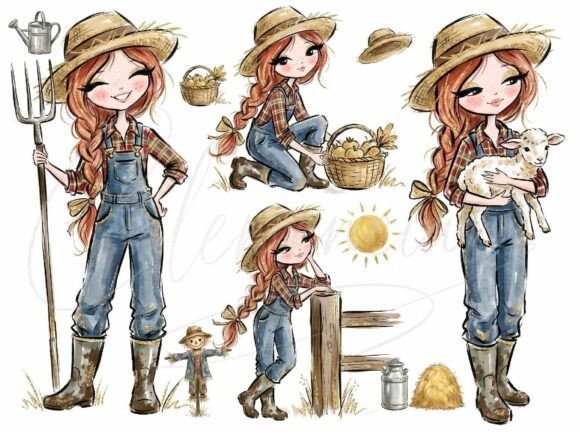 Farm Girl Watercolor Clipart Bundle: Elevating Modern Creative Projects with Rustic Charm