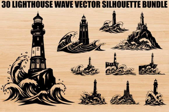 Lighthouse Wave Silhouette Bundle: Elevating Coastal Design with Precision Vector Art