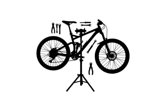 Mountain Bike on Repair Stand with Tools: A Visual and Practical Asset for Creators