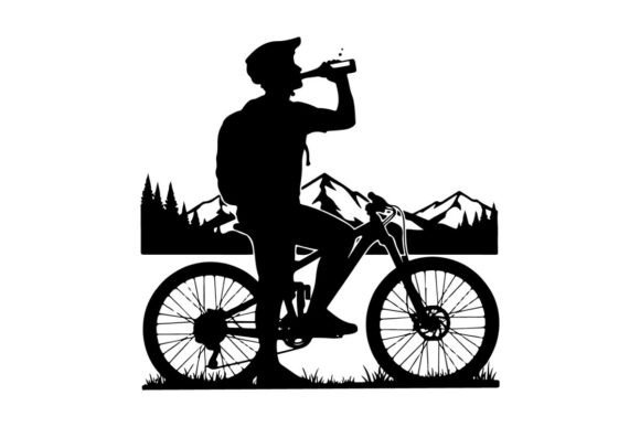 Mountain Biker Drinking Water During Out: A Versatile Vector Silhouette for Modern Design
