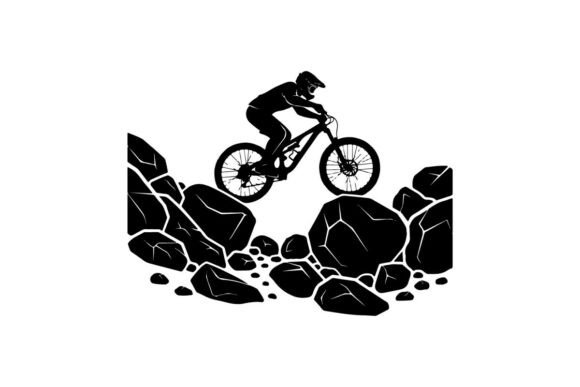 Mountain Biker Jumping over Rocky Trail: Evaluating the Premium Vector Silhouette for Modern Design