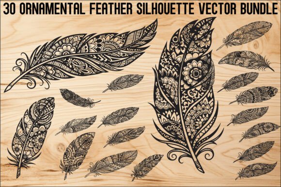 Ornamental Feather SVG Bundle: 30 Intricate Designs