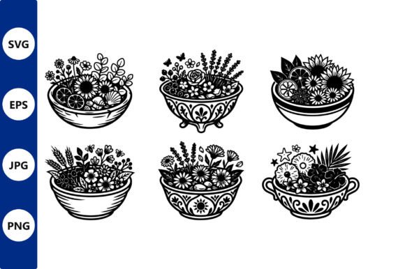 Ornate Floral Bowl Illustrations Set