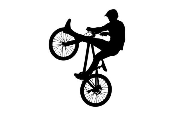 Silhouette Cyclist Performing Wheelie Tr: A Dynamic Vector Asset for Modern Design