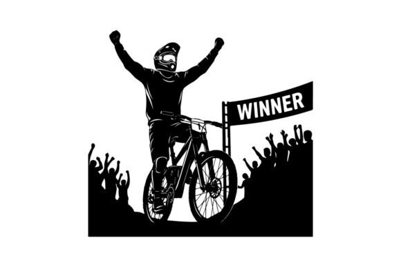 Victorious Cyclist Celebrating Win with Premium Vector Silhouette Clip Art